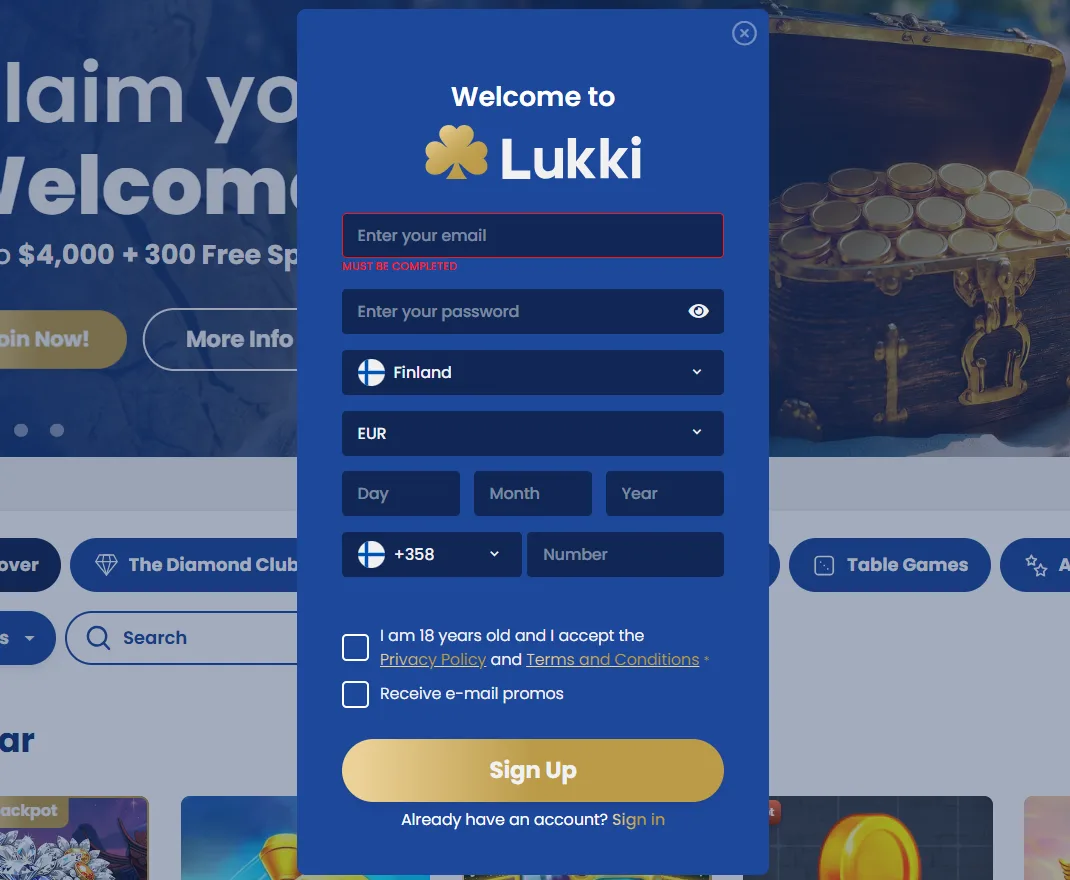 Current Lukki registration form with no personal information entered