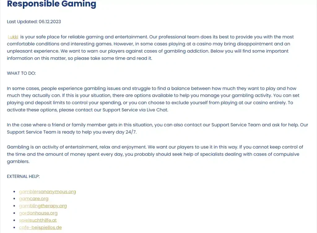 Lukki support or responsible-gaming page with available help and player-control options