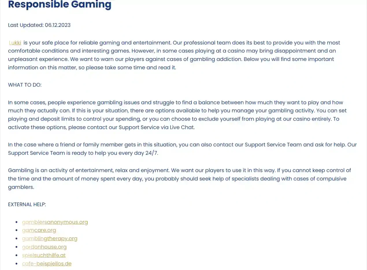 Lukki support or responsible-gaming page with available help and player-control options