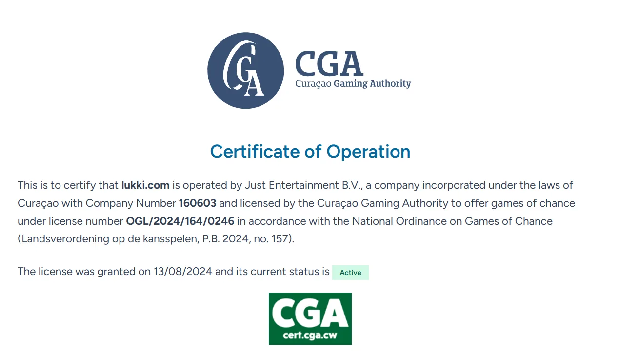 Curaçao Gaming Authority certificate for lukki.com with operator, licence number and Active status