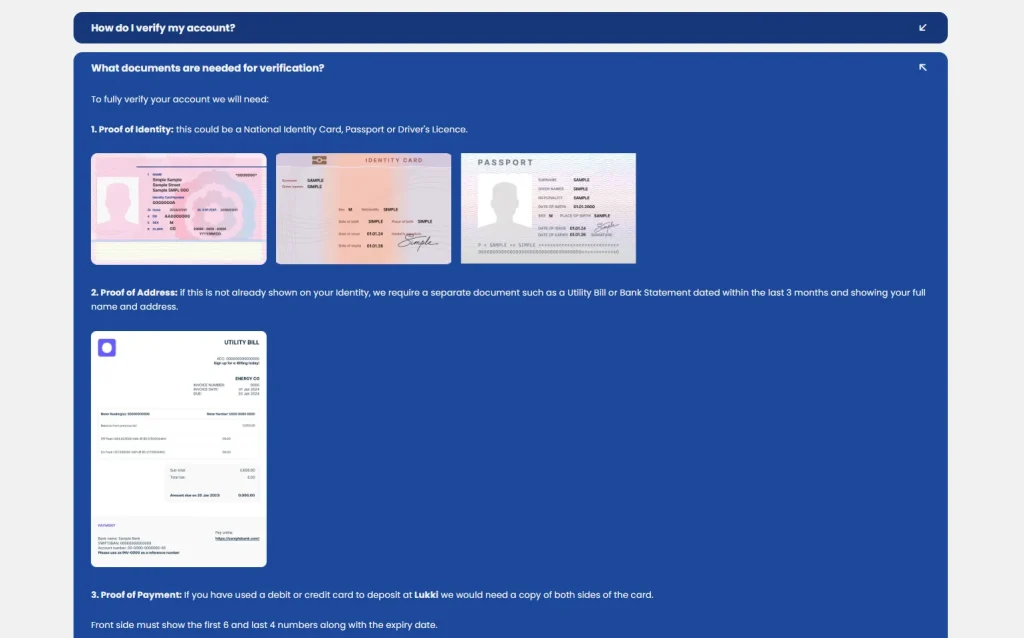 Lukki account verification guidance or KYC upload screen with all personal data removed