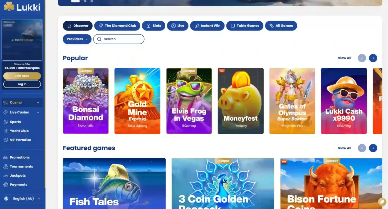 Current Lukki Australia-facing casino interface